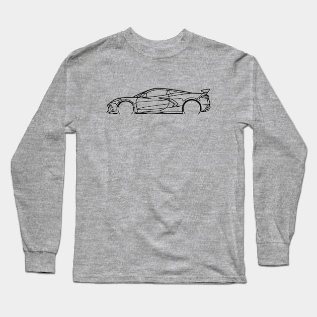 Black C8 Corvette Racecar Side Silhouette Outline Black Supercar Sports car Racing car Long Sleeve T-Shirt by Tees 4 Thee